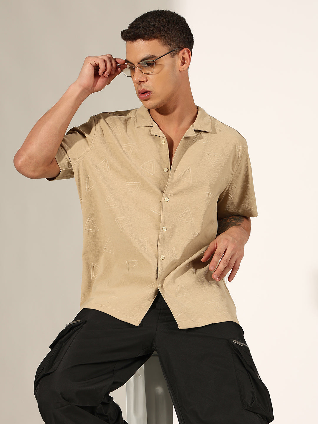 Men's Beige Half Sleeve Cuban Collar Shirt with Embossed Geometric Pattern