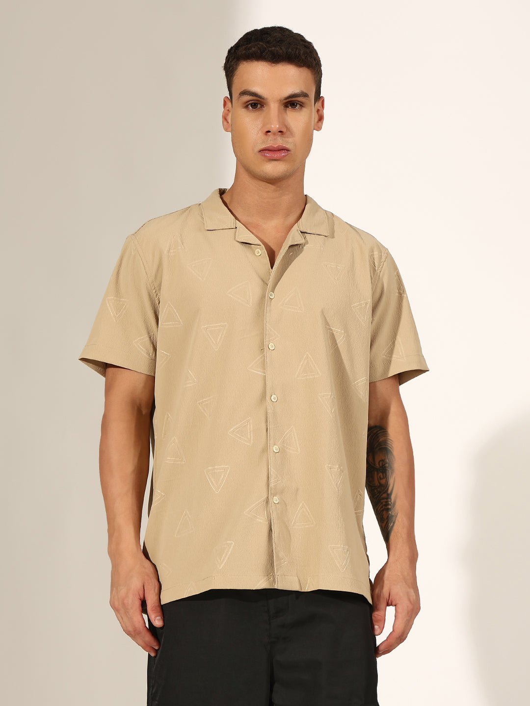 Men's Beige Half Sleeve Cuban Collar Shirt with Embossed Geometric Pattern