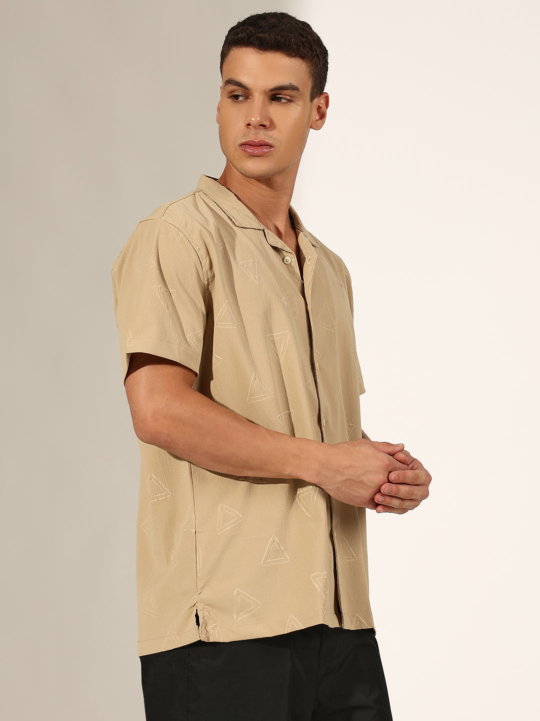 Men's Beige Half Sleeve Cuban Collar Shirt with Embossed Geometric Pattern