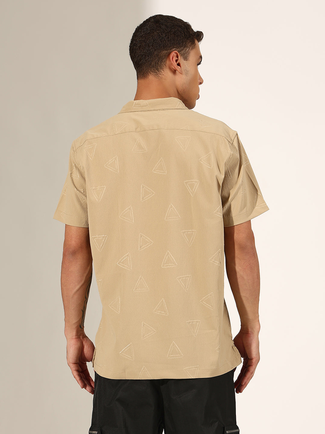 Men's Beige Half Sleeve Cuban Collar Shirt with Embossed Geometric Pattern