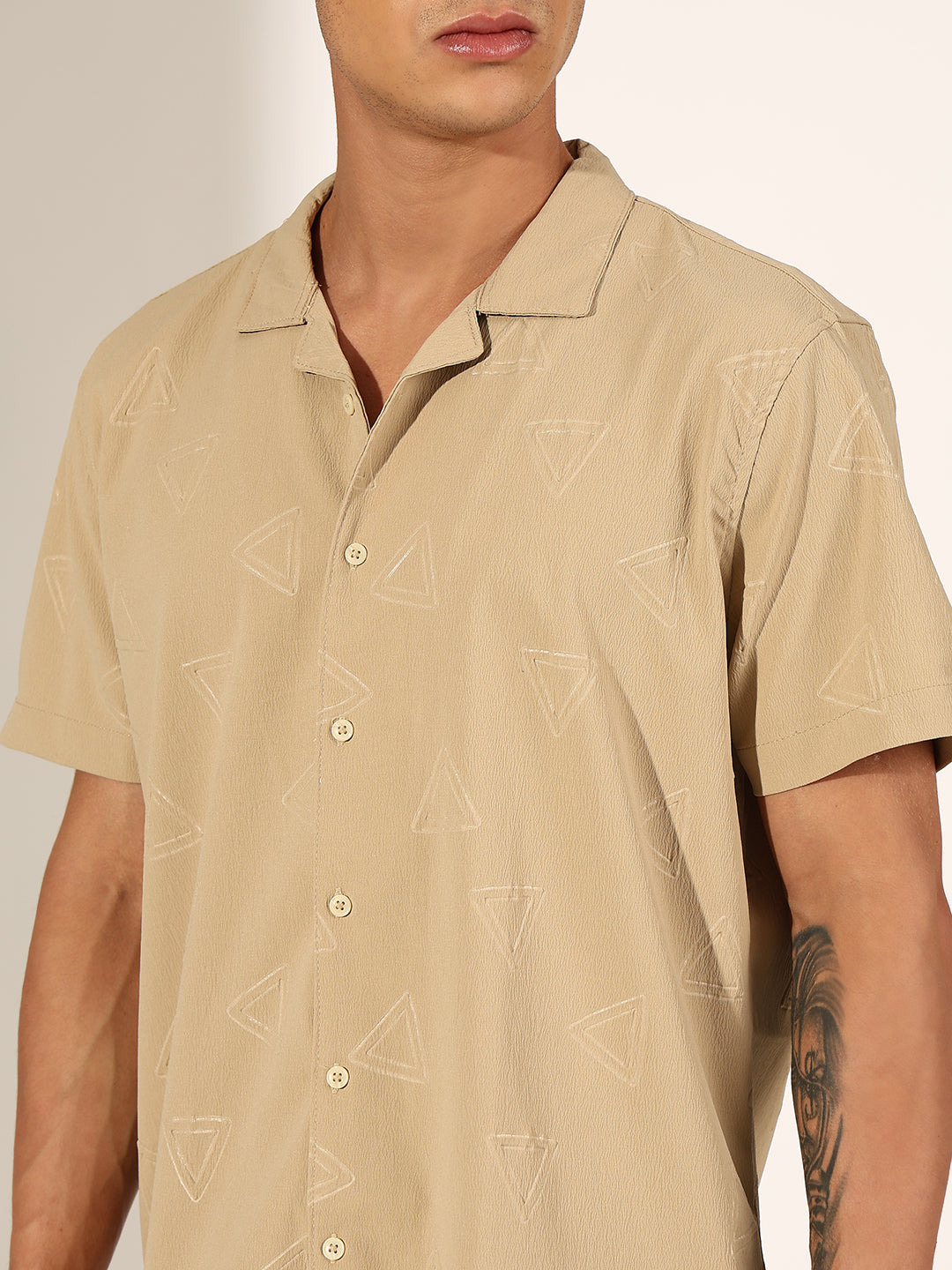 Men's Beige Half Sleeve Cuban Collar Shirt with Embossed Geometric Pattern