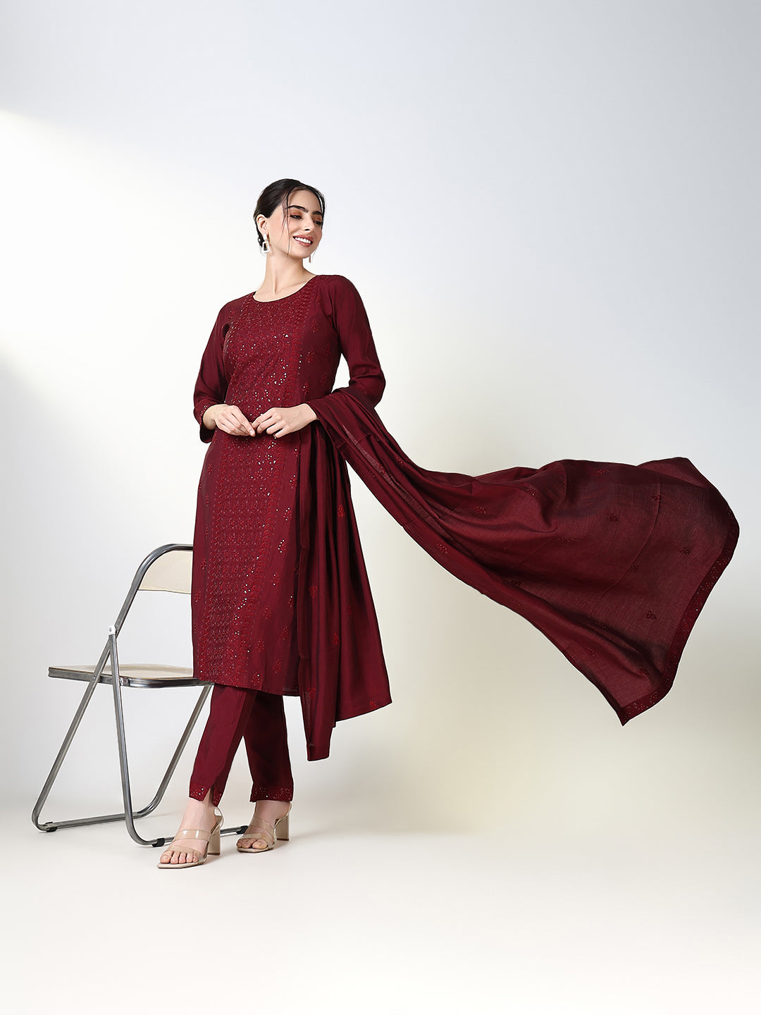 Women Solid Maroon Straight Kurta Set with Dupatta