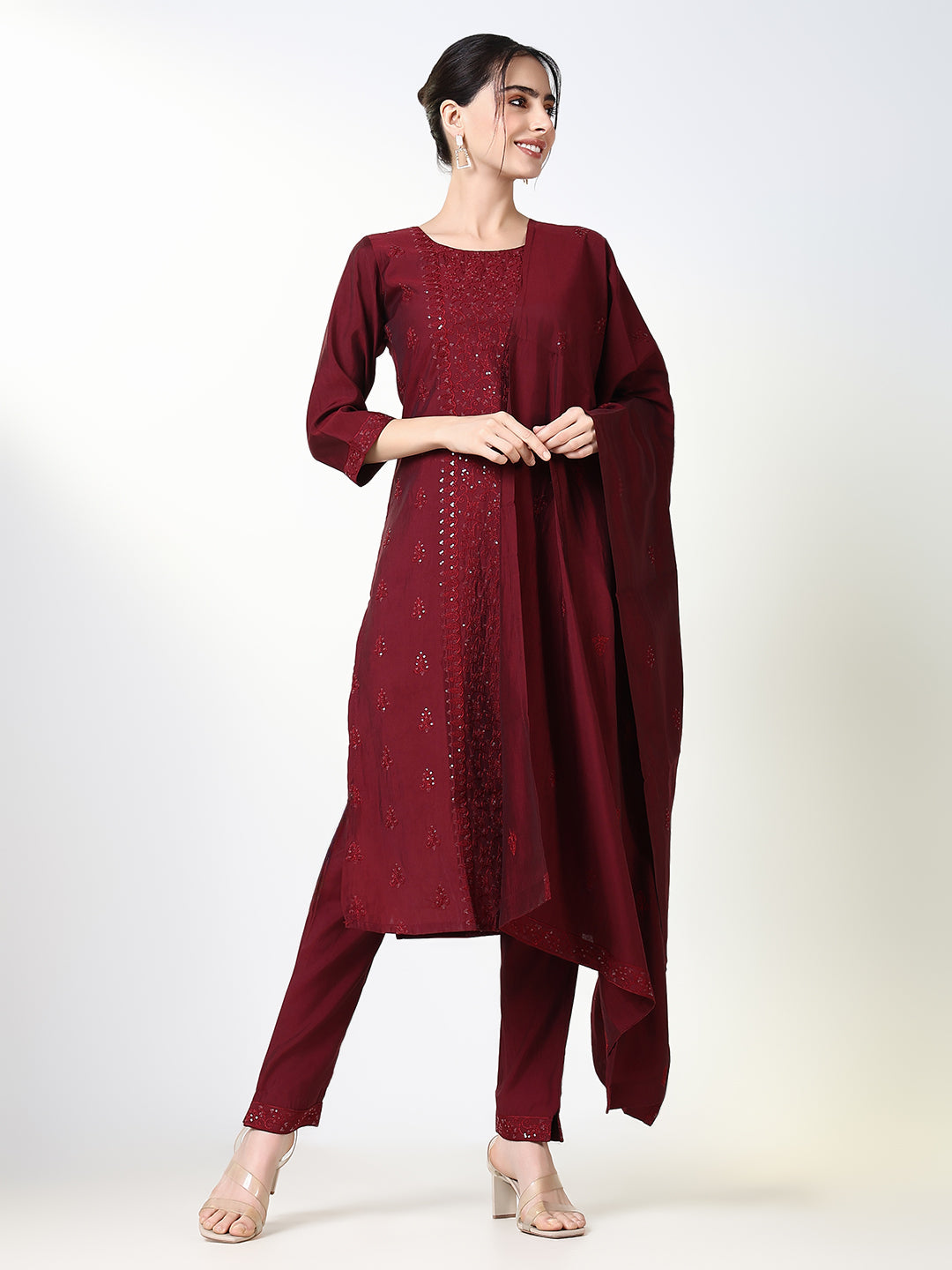 Women Solid Maroon Straight Kurta Set with Dupatta