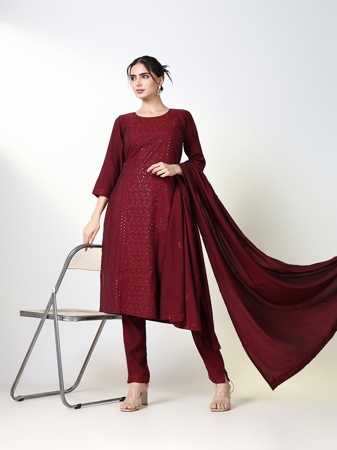 Women Solid Maroon Straight Kurta Set with Dupatta