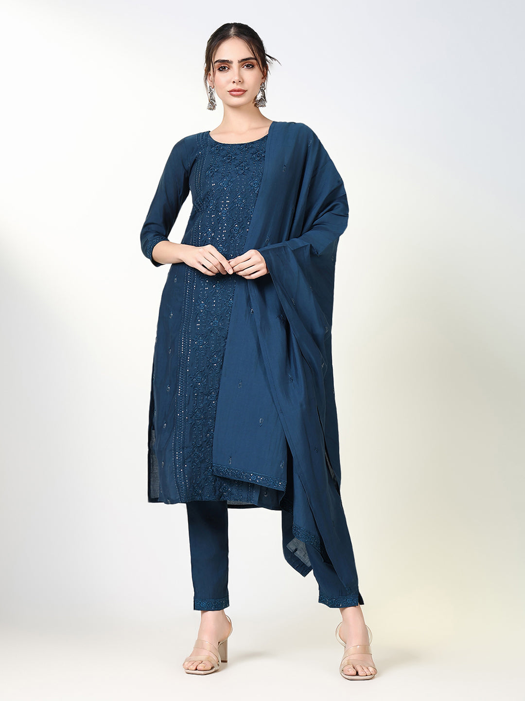 Women Solid Teal Straight Kurta Set with Dupatta