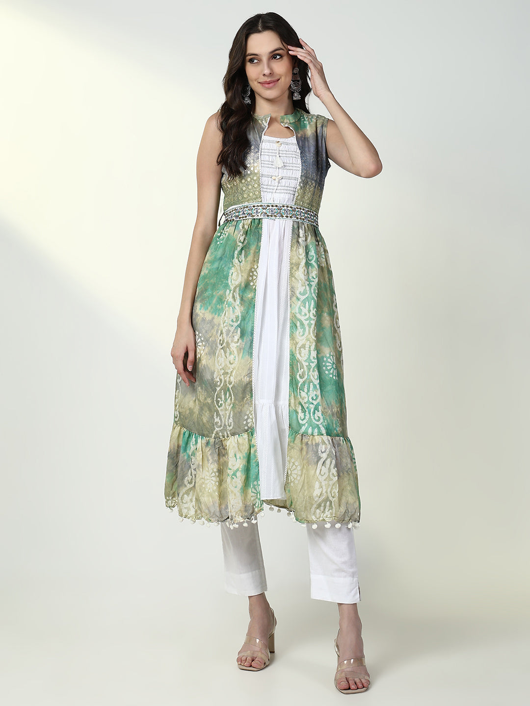 Women White Solid Kurta with Coat and Belt