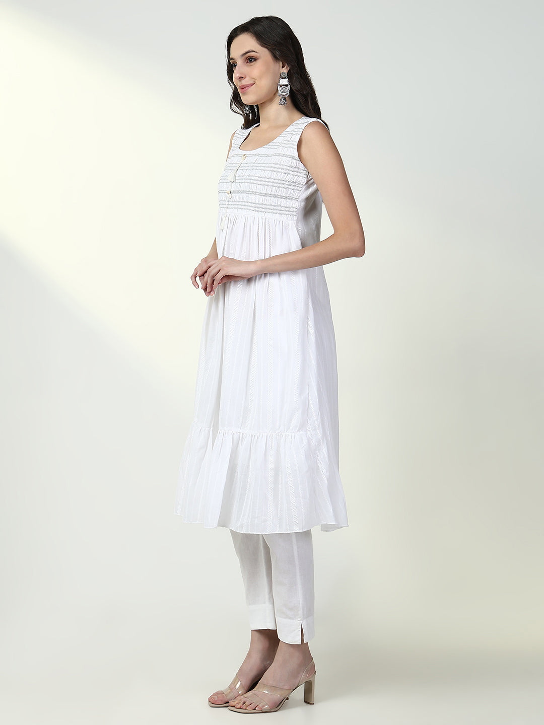 Women White Solid Kurta with Coat and Belt