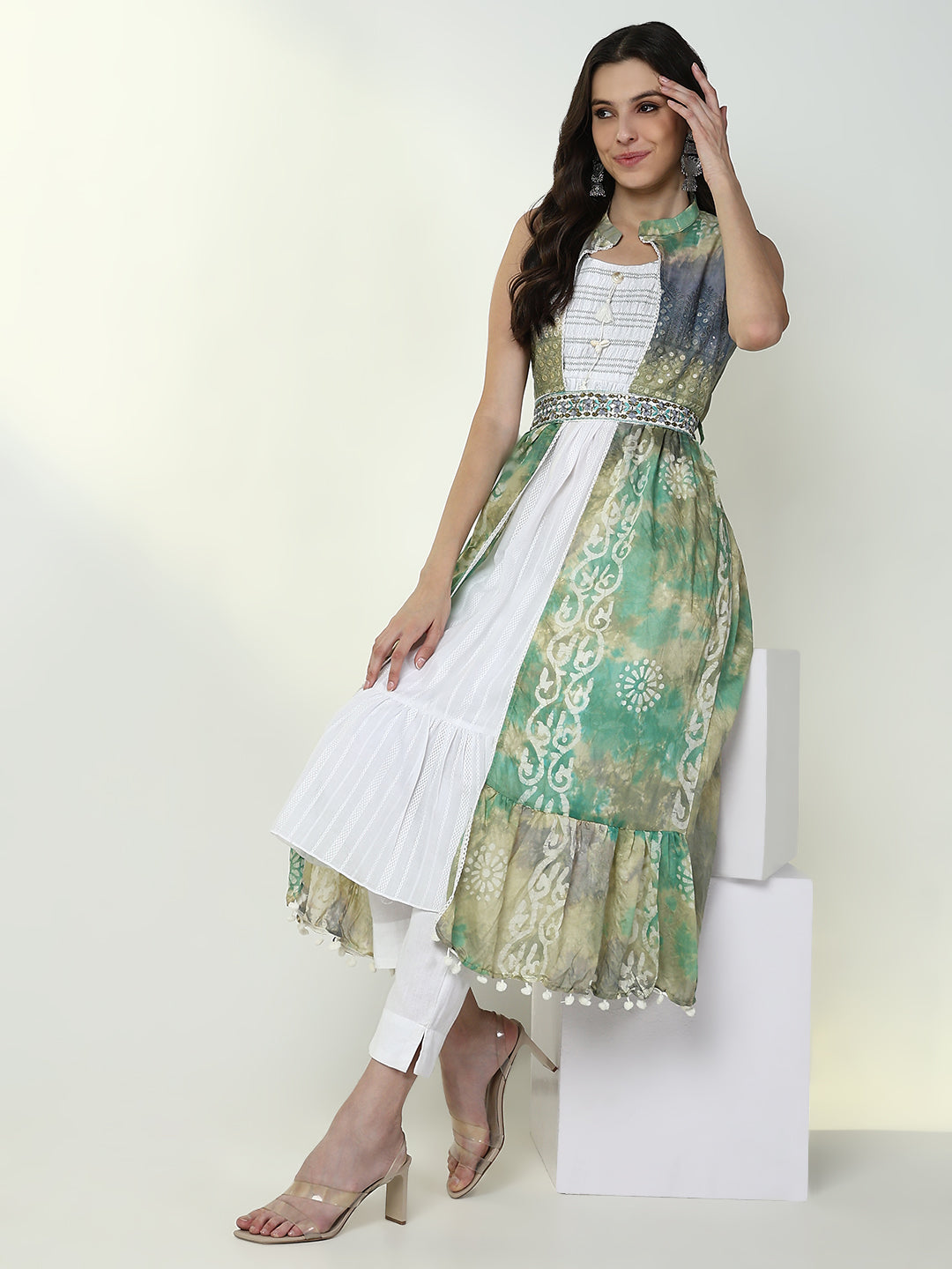 Women White Solid Kurta with Coat and Belt