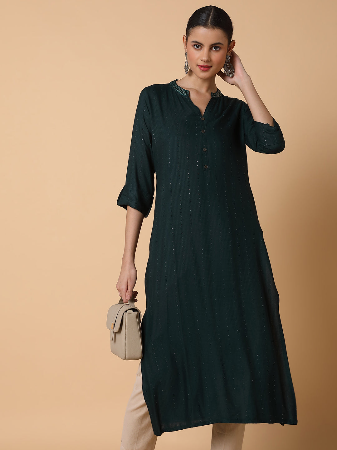 Women Solid Sequins Green Straight Kurta