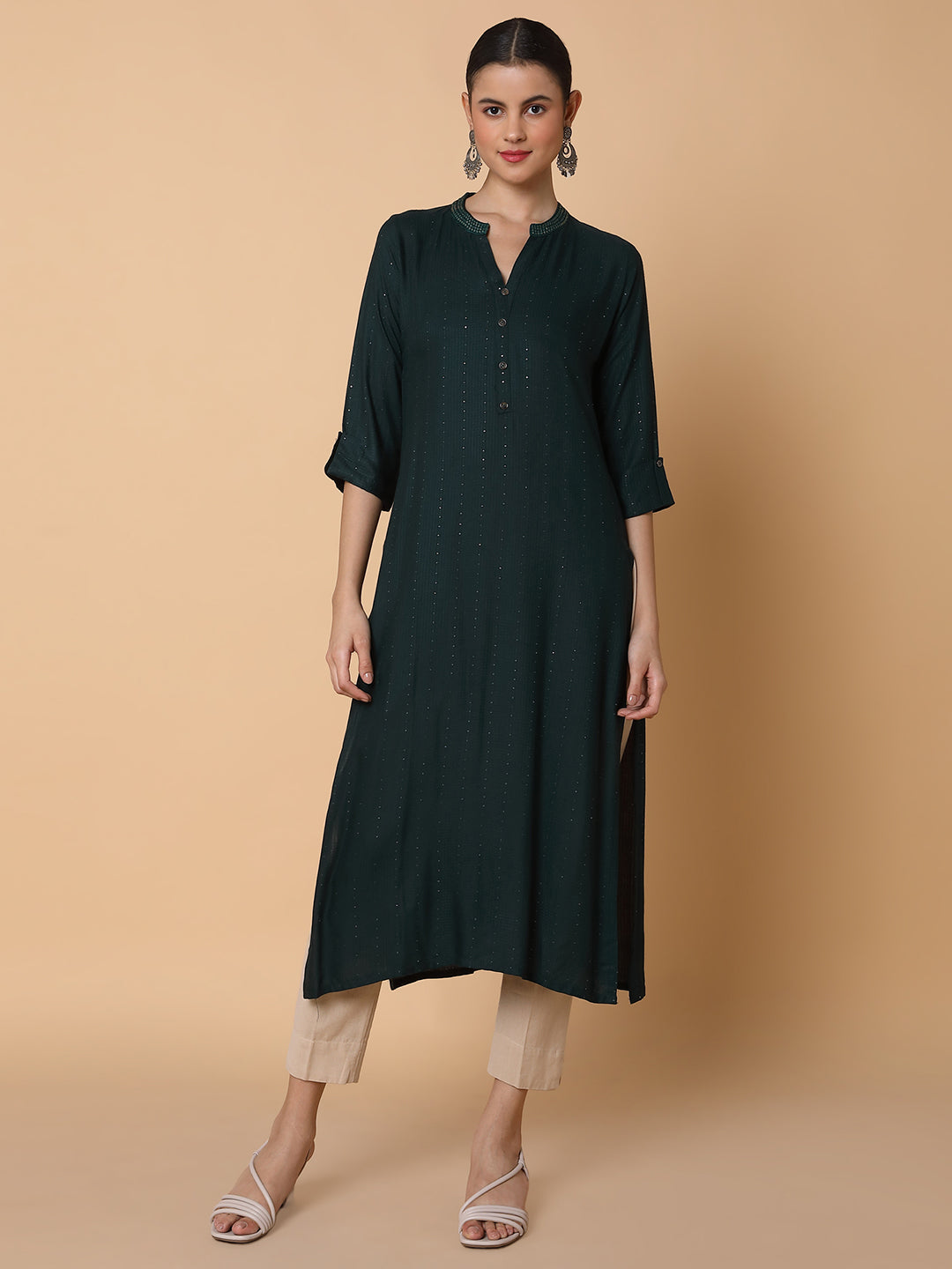 Women Solid Sequins Green Straight Kurta