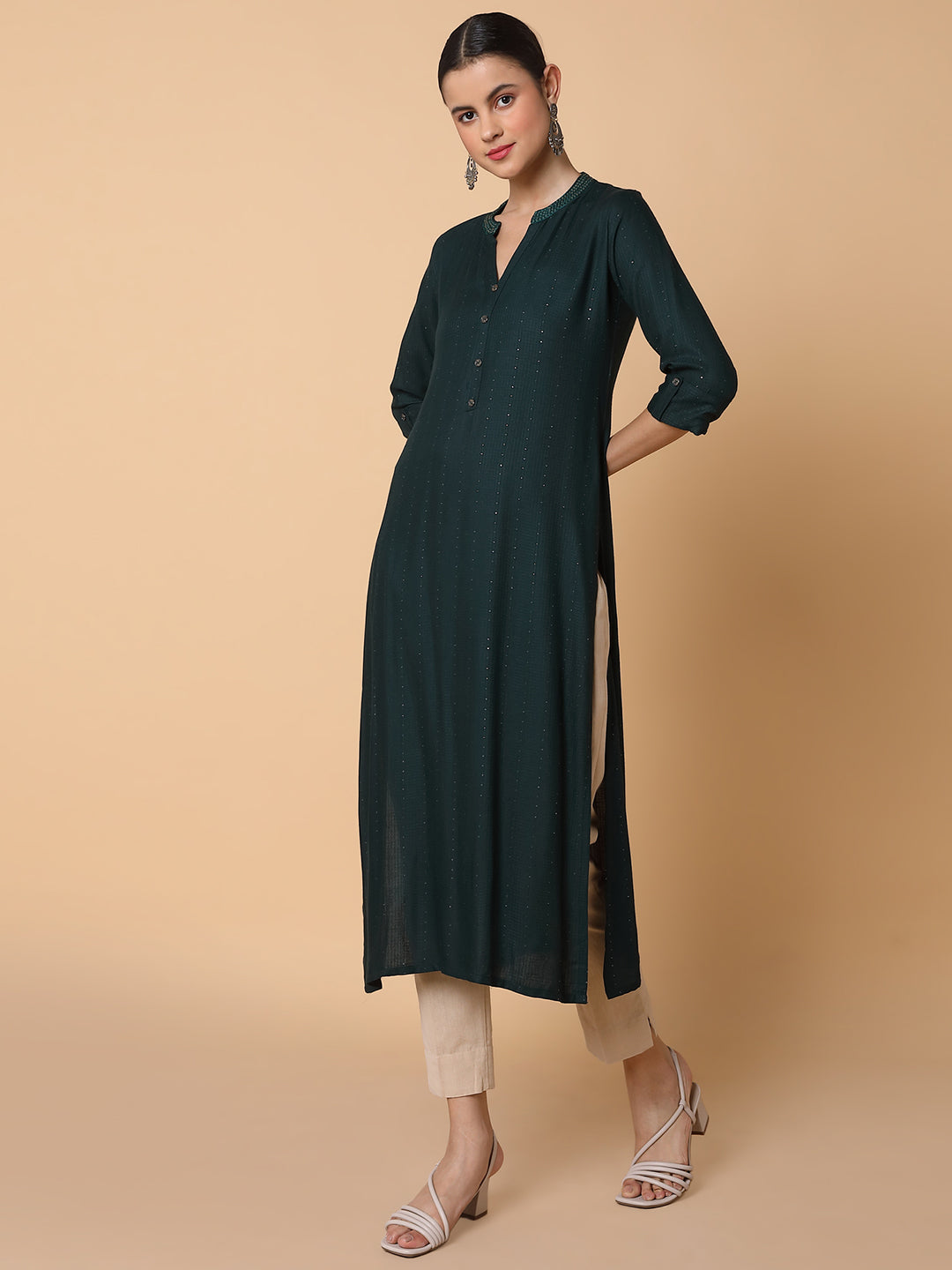 Women Solid Sequins Green Straight Kurta