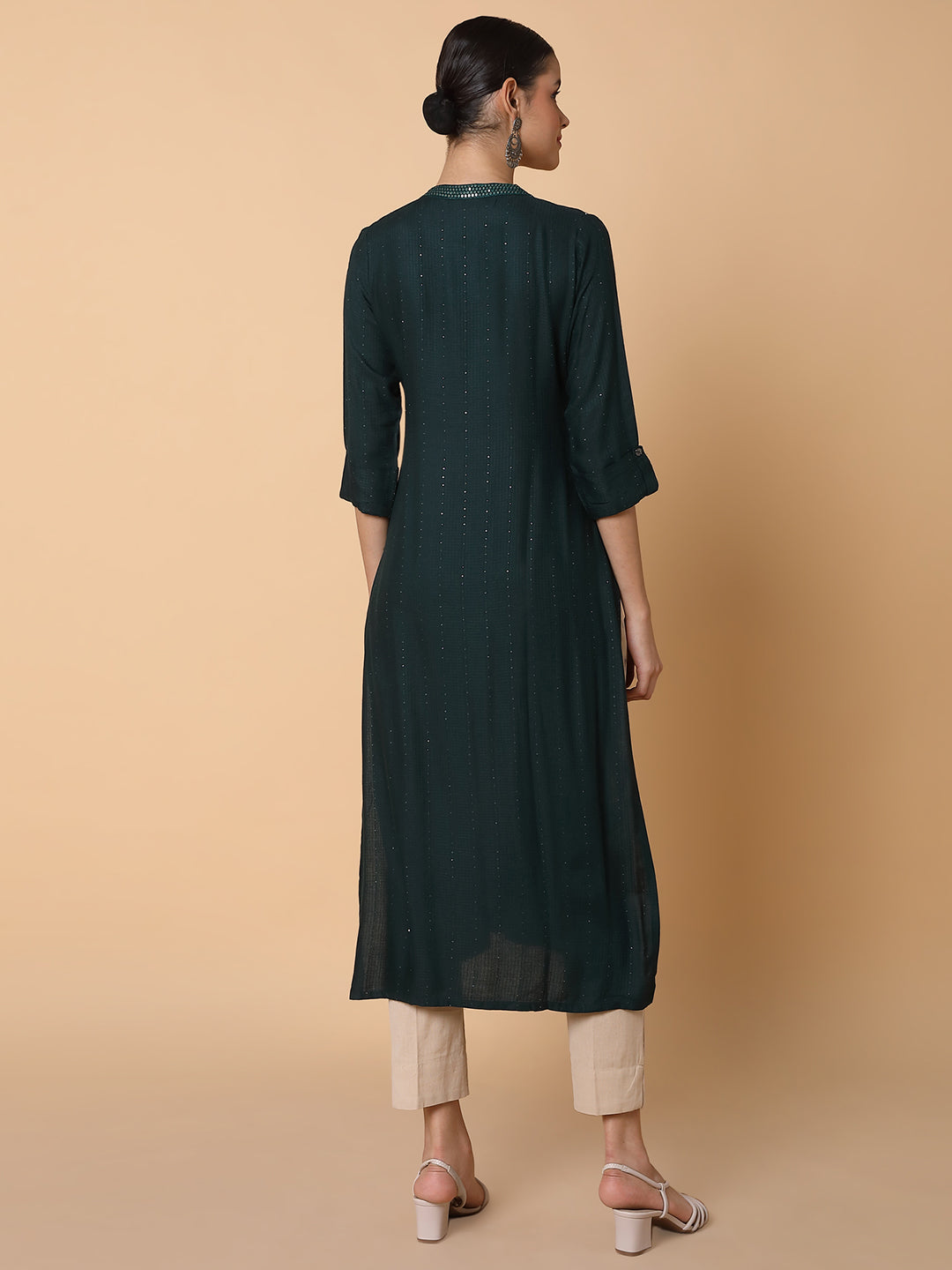 Women Solid Sequins Green Straight Kurta