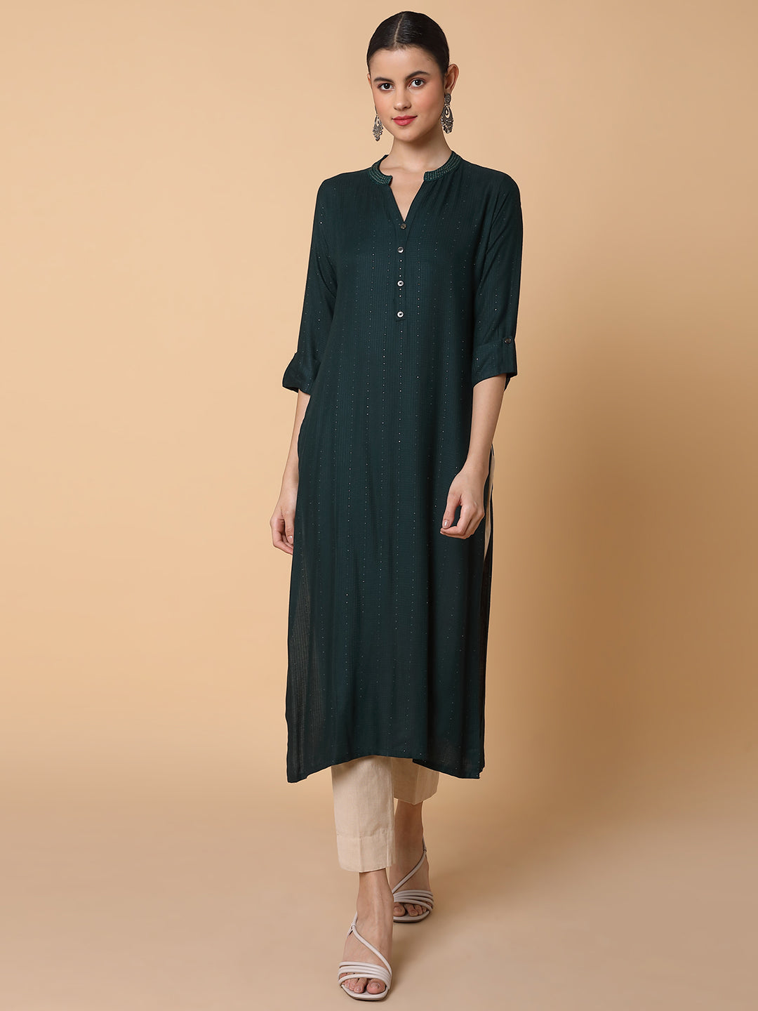 Women Solid Sequins Green Straight Kurta