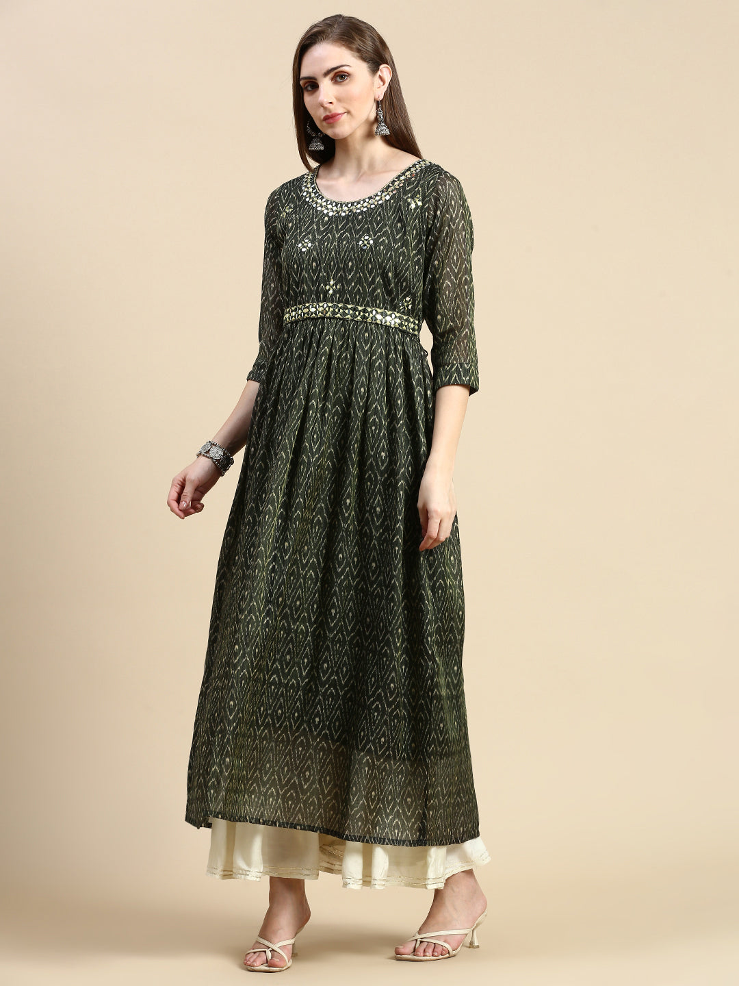 Women Abstract Green Anarkali Kurta with Belt