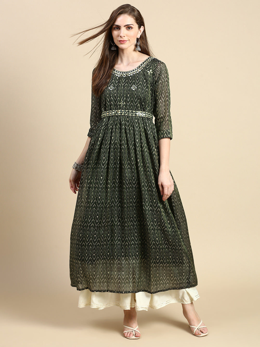 Women Abstract Green Anarkali Kurta with Belt