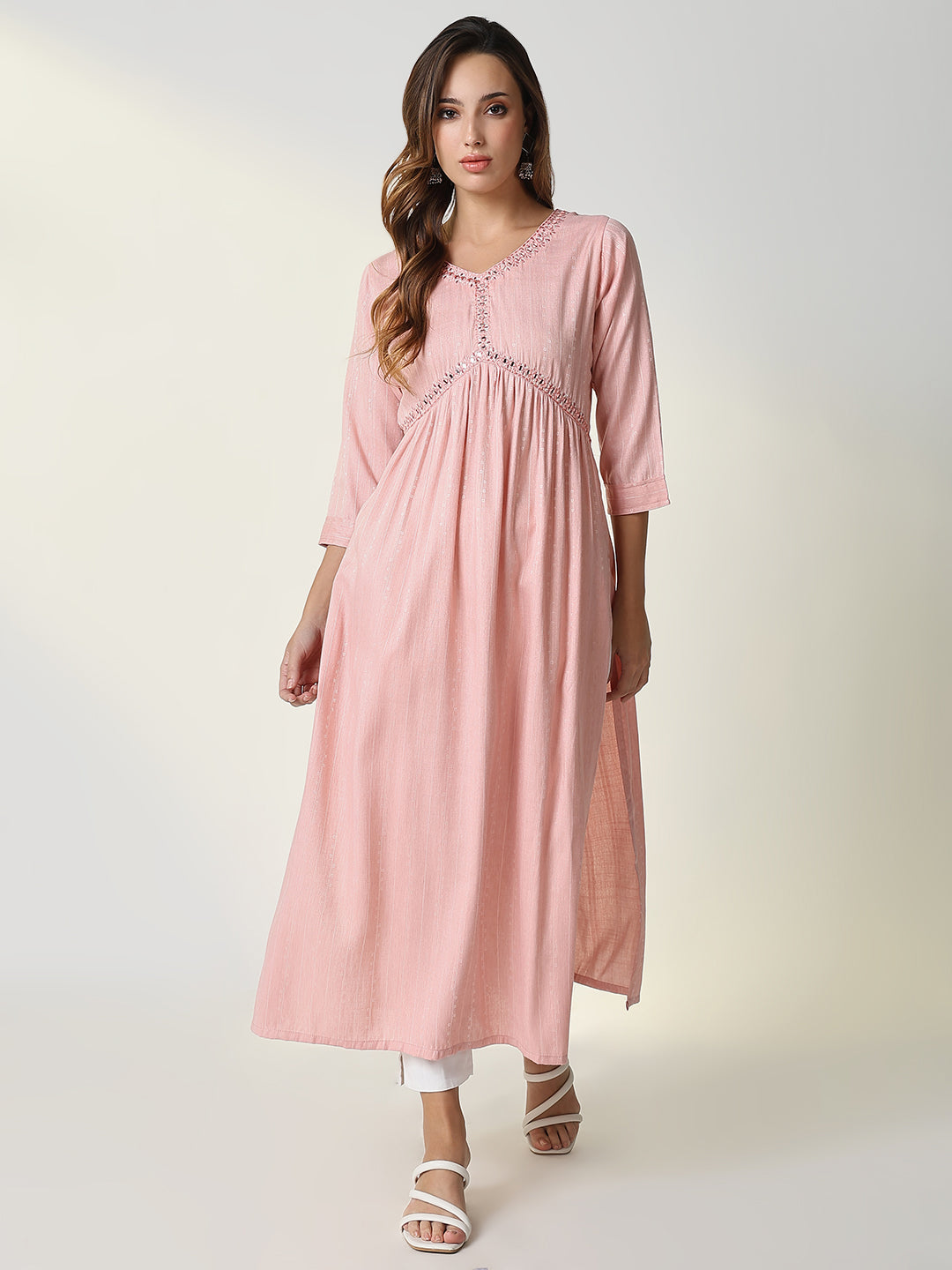 Women Peach Solid Anarkali Kurta