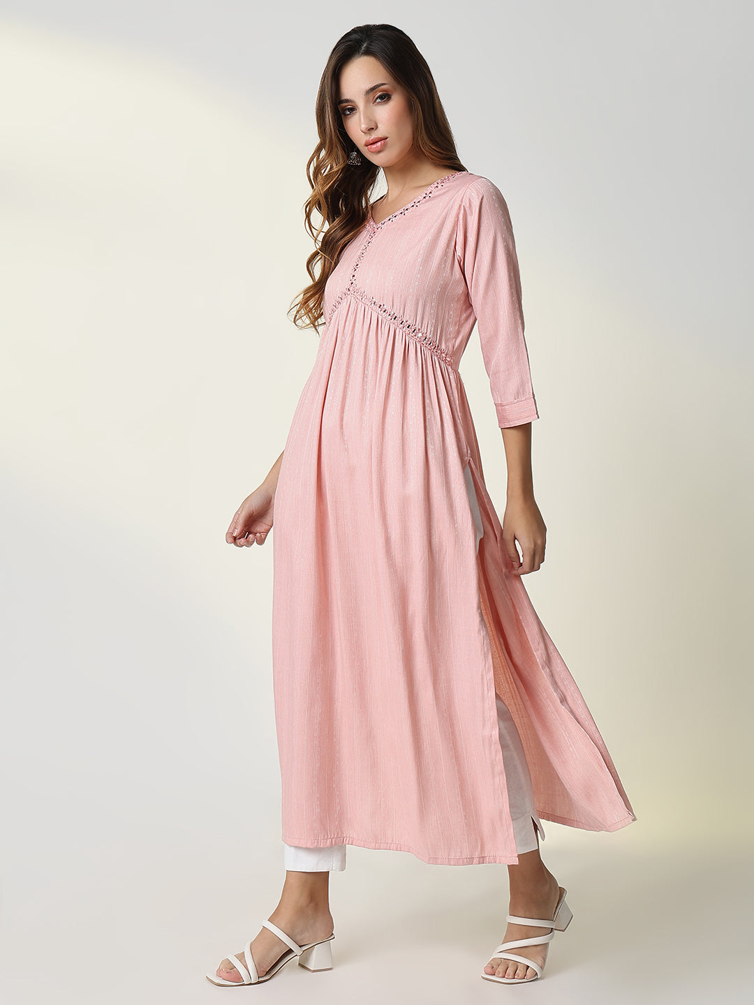 Women Peach Solid Anarkali Kurta