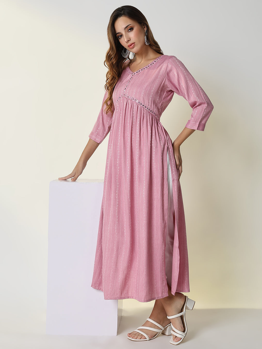 Women Pink Solid Anarkali Kurta