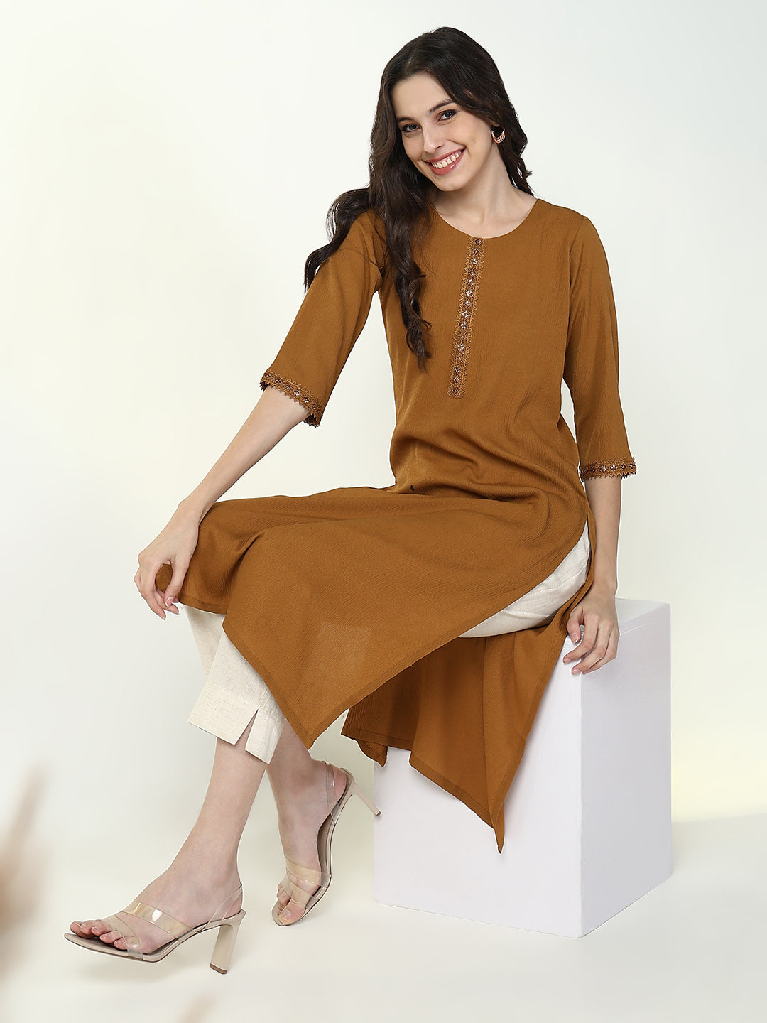 Women Brown Solid Straight Kurta