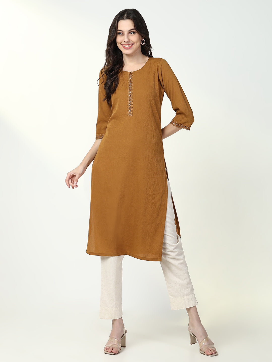 Women Brown Solid Straight Kurta