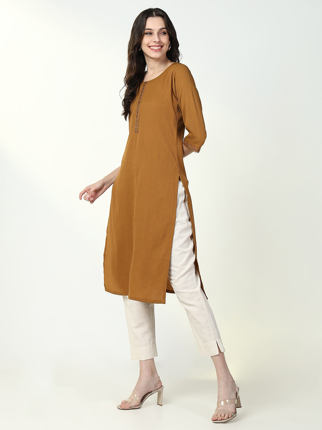 Women Brown Solid Straight Kurta