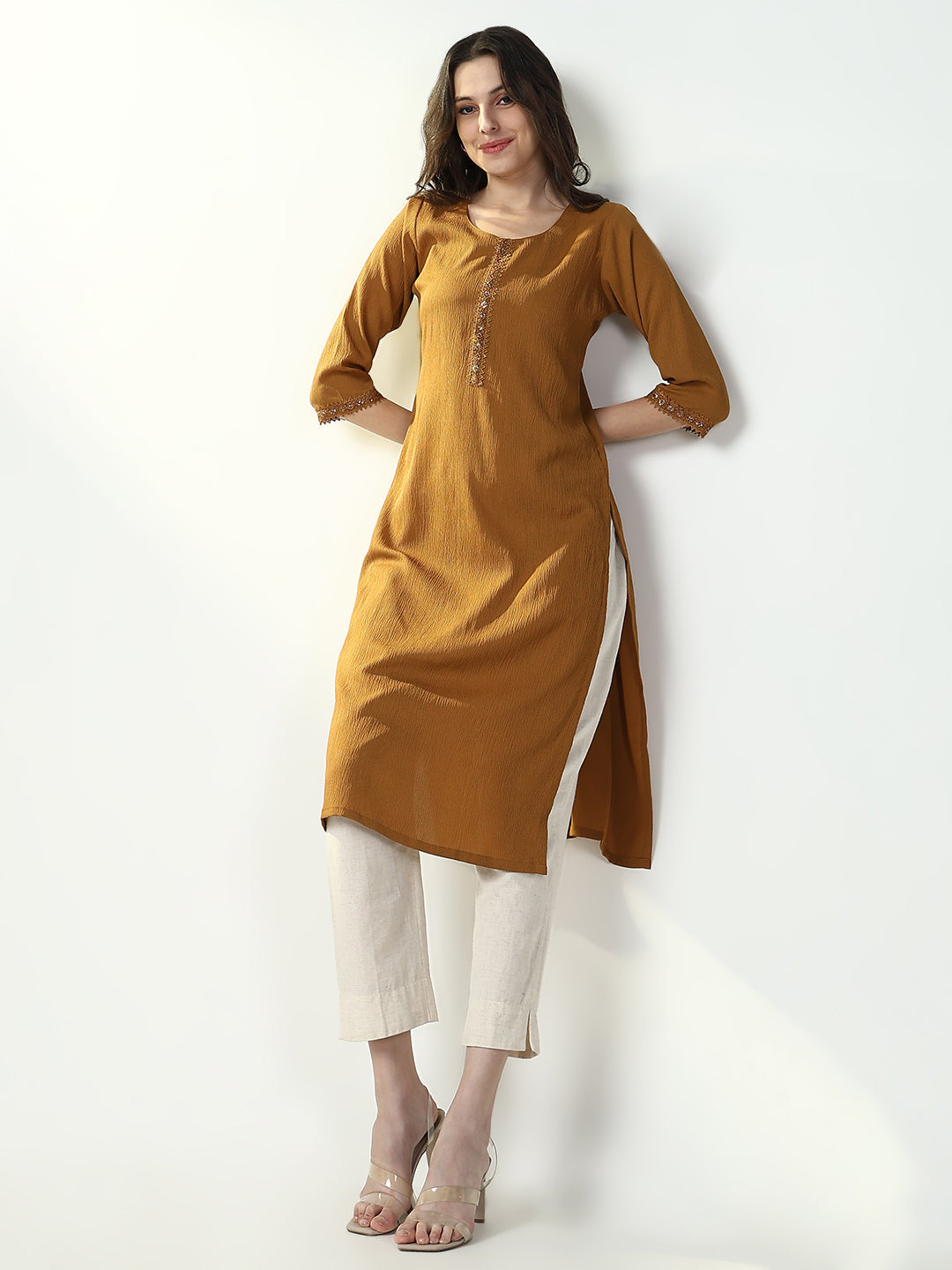 Women Brown Solid Straight Kurta