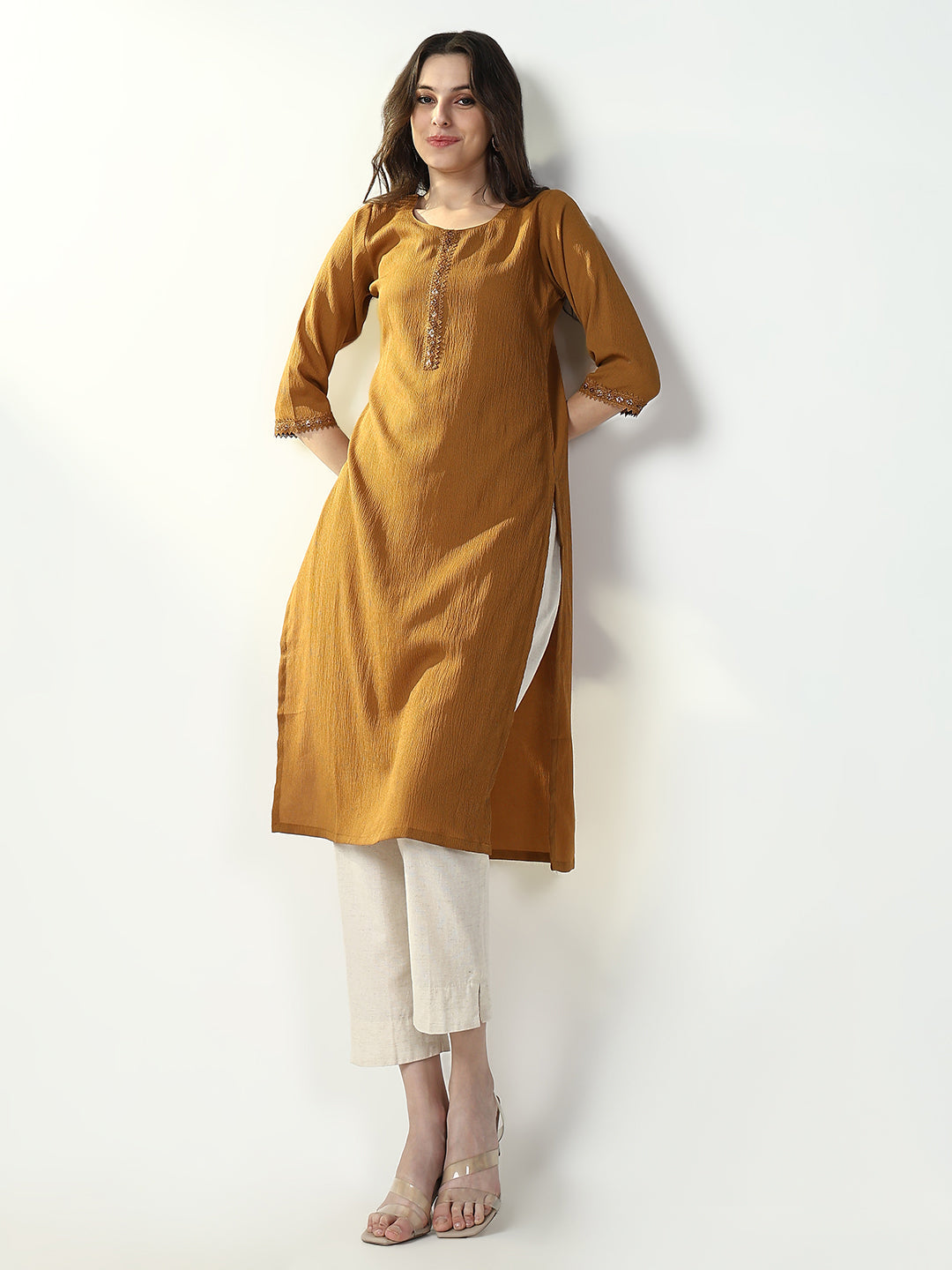 Women Brown Solid Straight Kurta