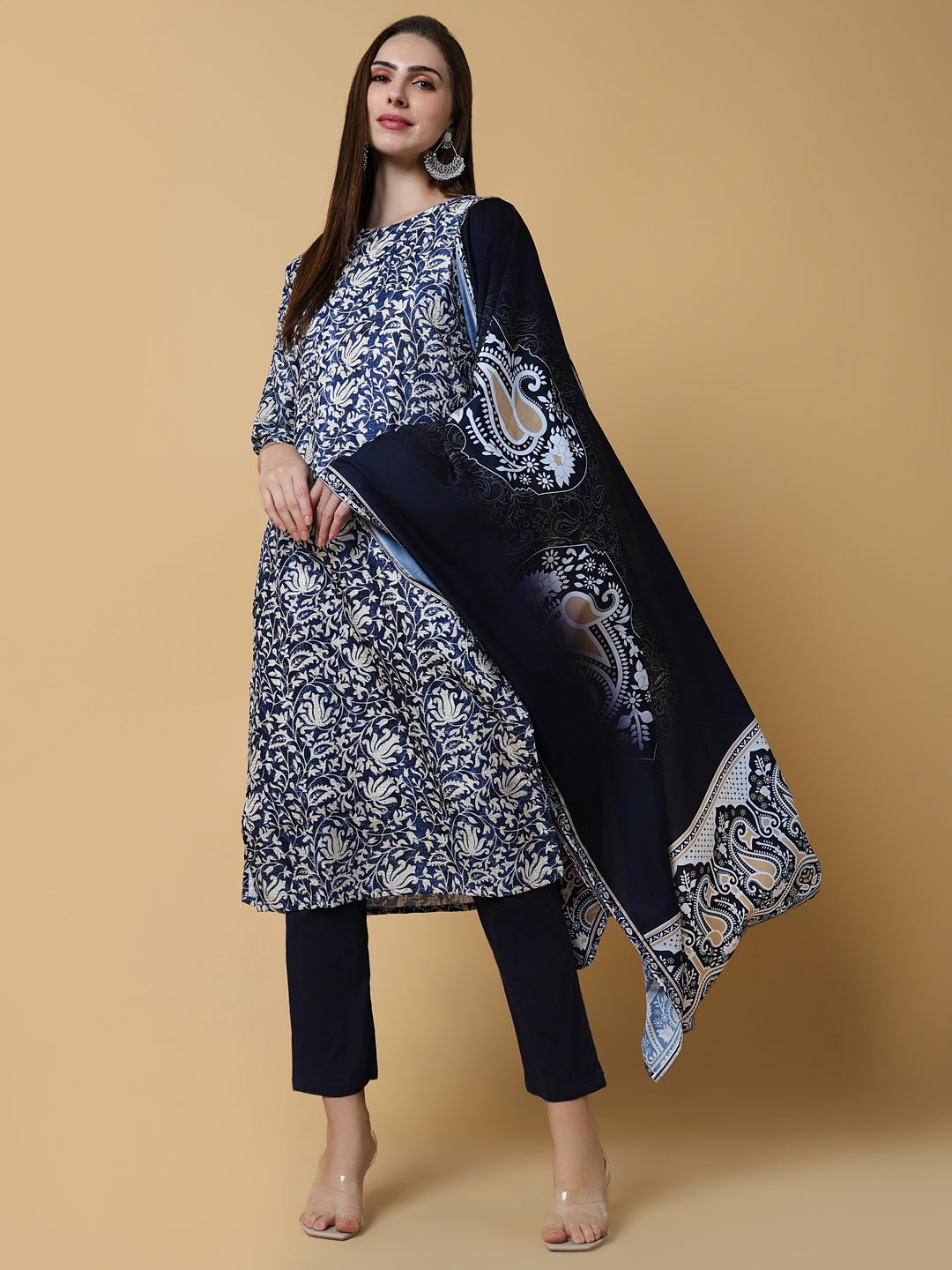 Women Graphic Navy Blue Straight Kurta Set with Dupatta