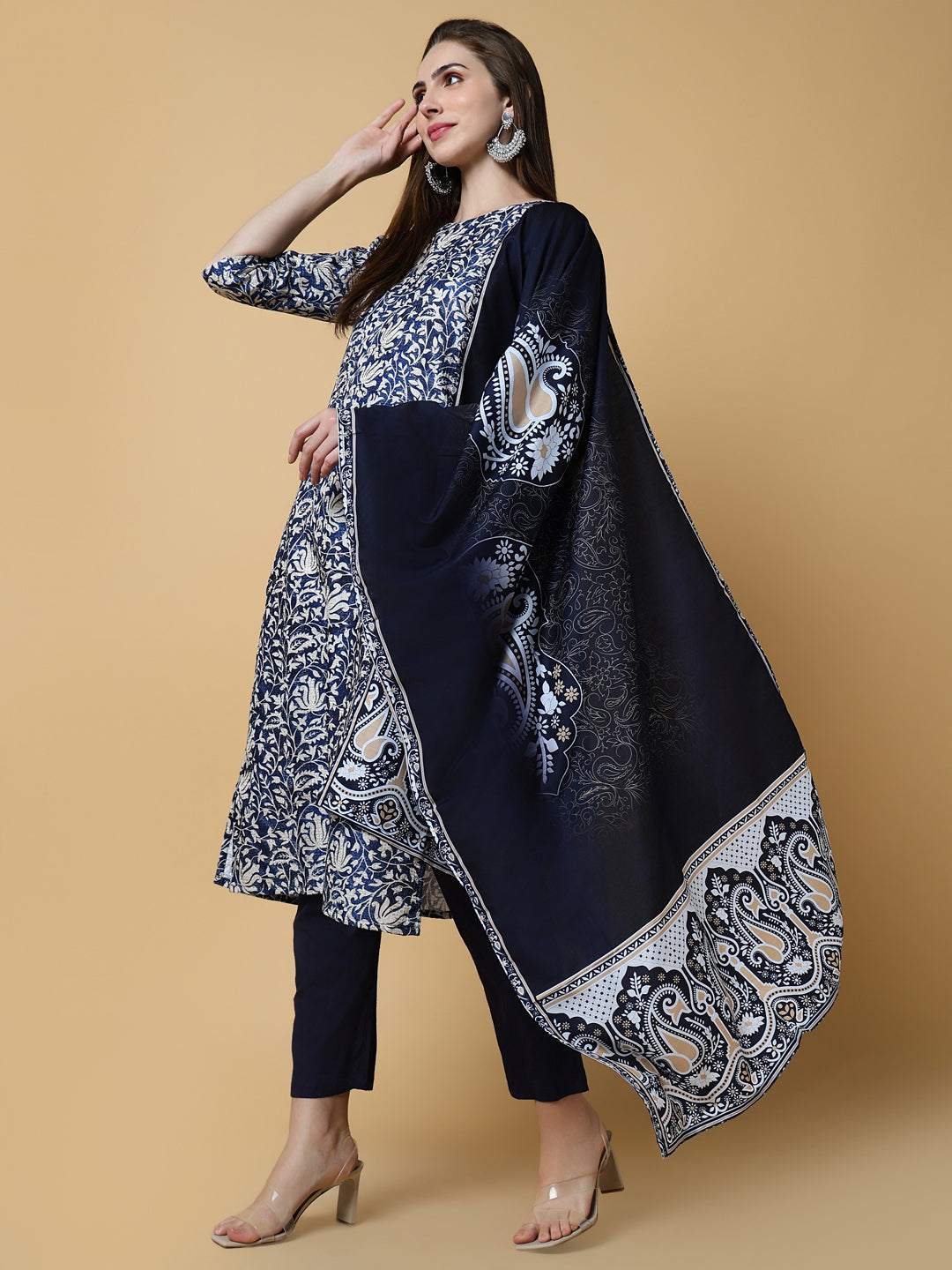 Women Graphic Navy Blue Straight Kurta Set with Dupatta