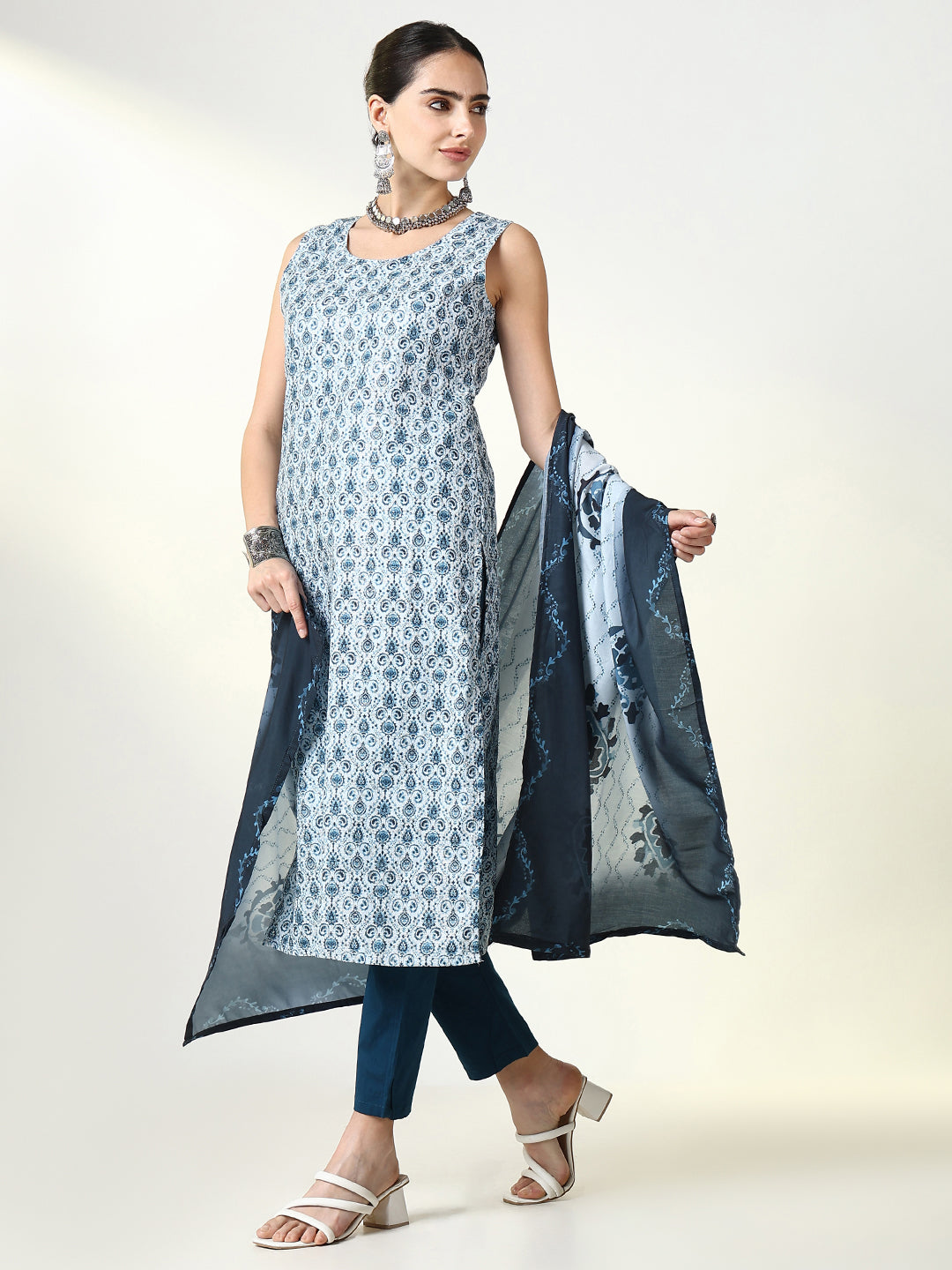 Women Graphic Blue Straight Kurta Set with Dupatta