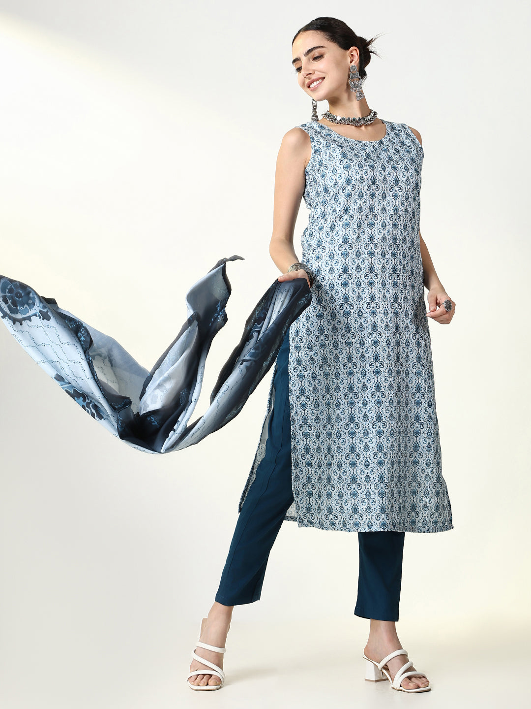 Women Graphic Blue Straight Kurta Set with Dupatta