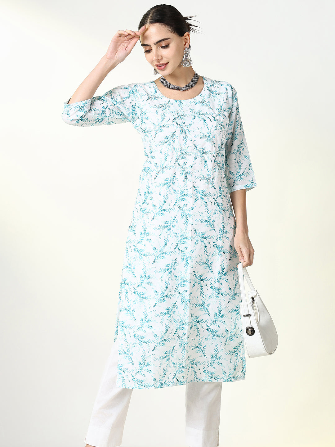 Women White Floral Straight Kurta