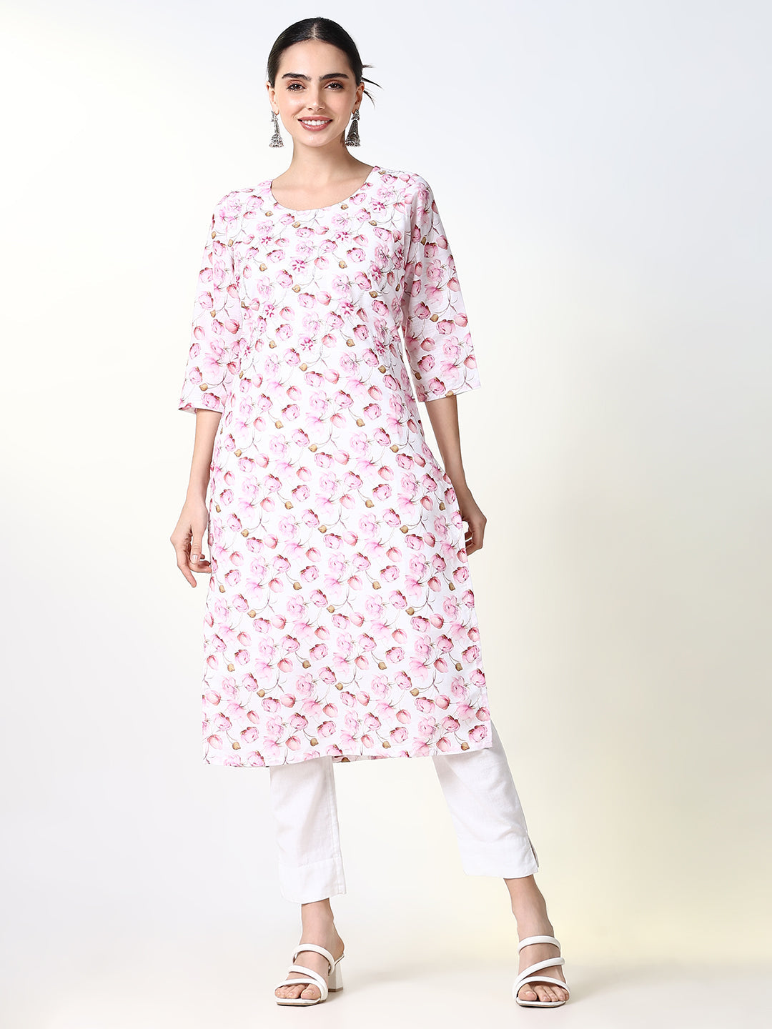 Women Pink Floral Straight Kurta