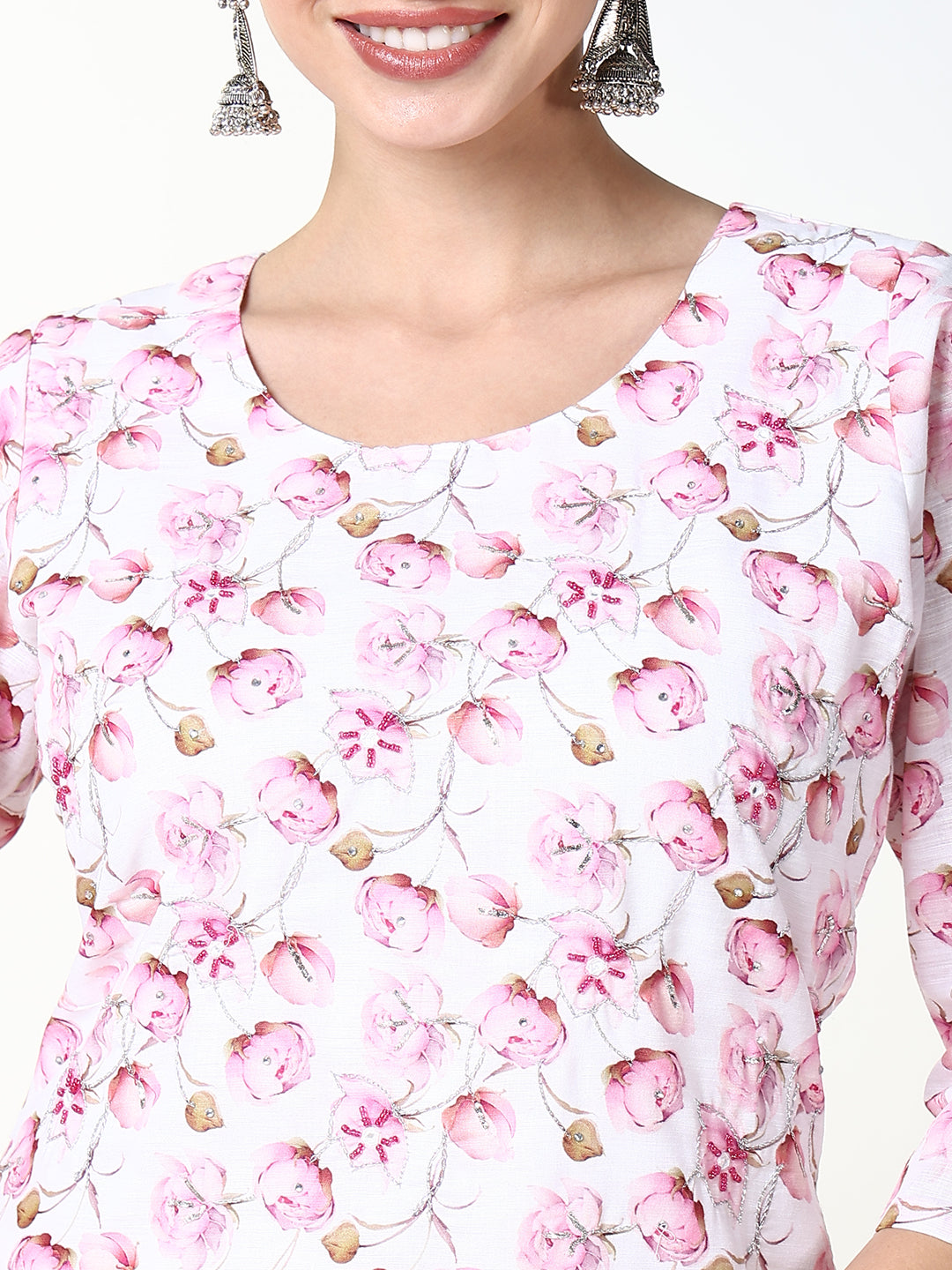 Women Pink Floral Straight Kurta