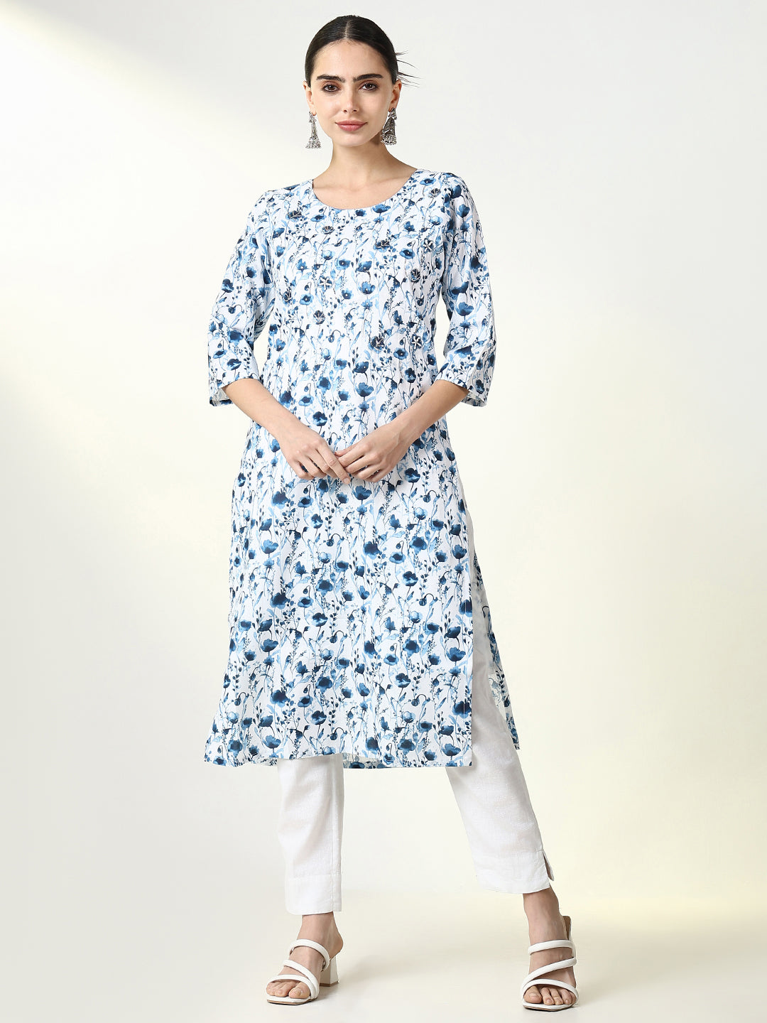 Women White Floral Straight Kurta