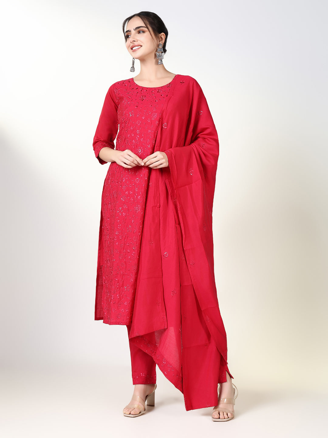 Women Floral Pink Straight Kurta Set with Dupatta