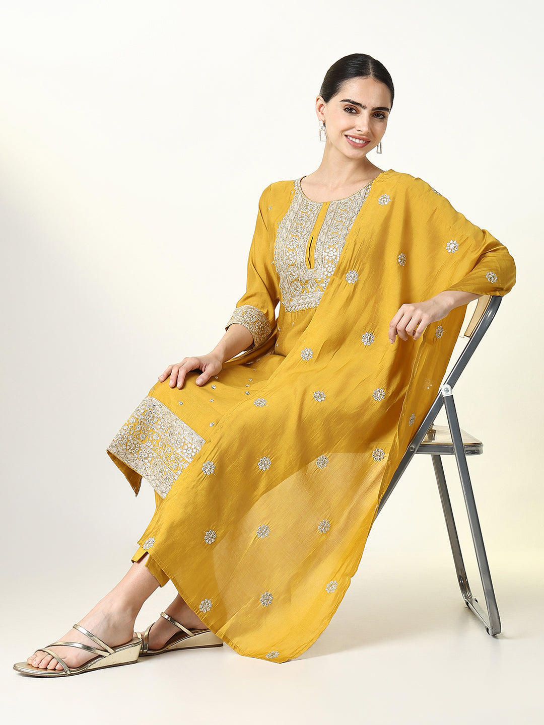 Women Solid Yellow Straight Kurta Set with Dupatta