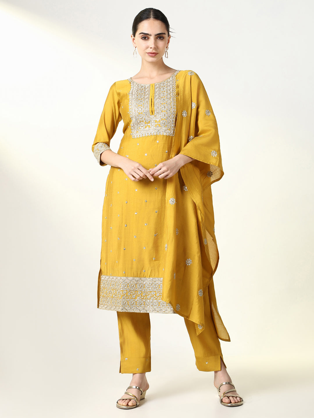 Women Solid Yellow Straight Kurta Set with Dupatta