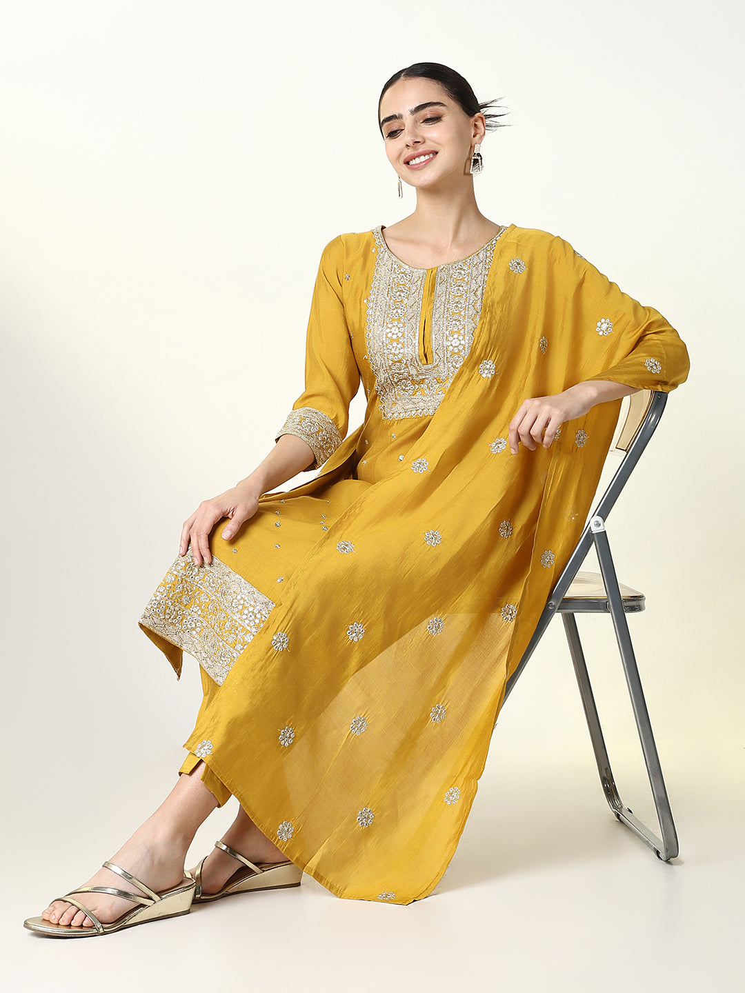 Women Solid Yellow Straight Kurta Set with Dupatta