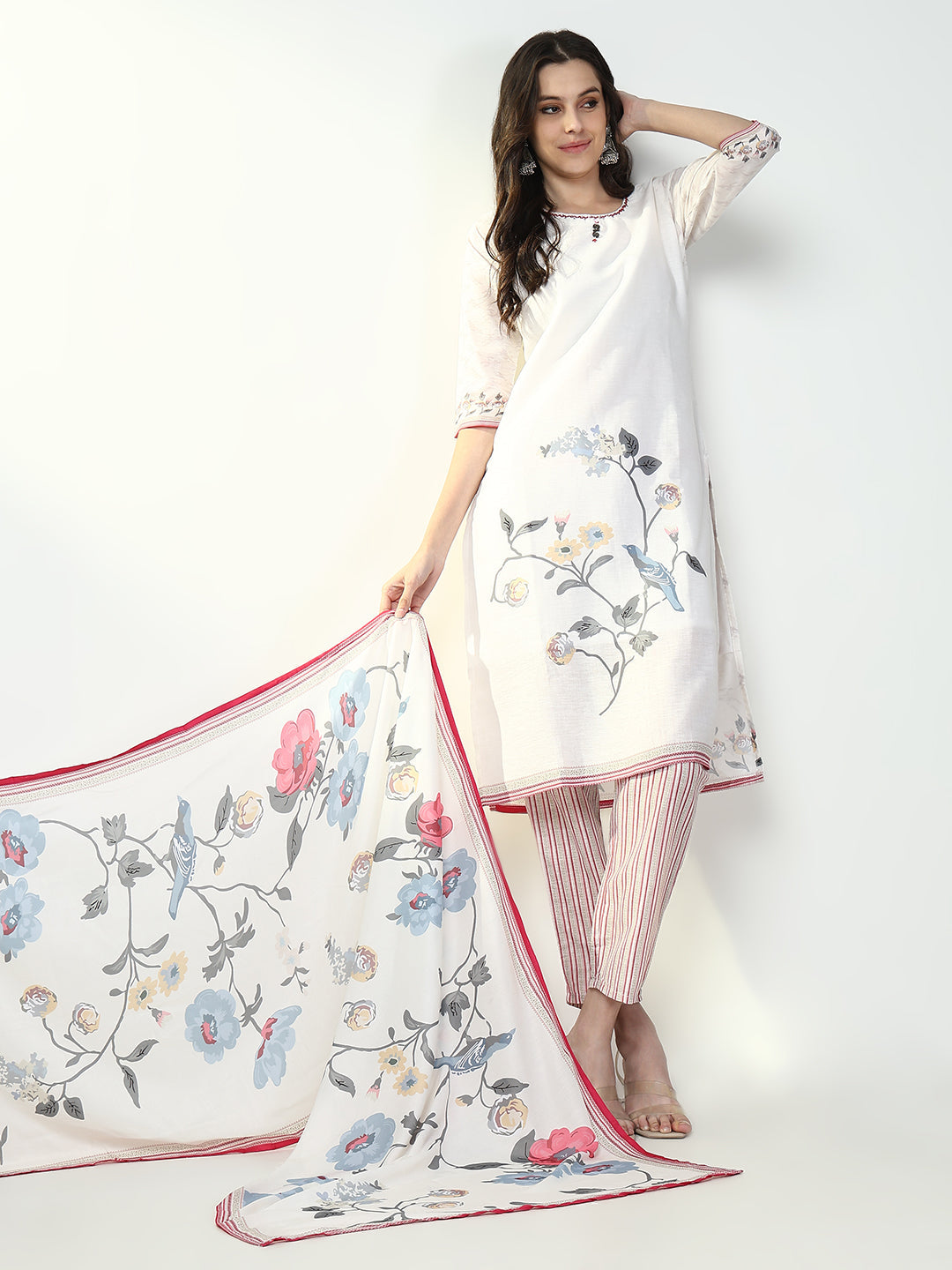 Women Floral Off White Straight Kurta Set with Dupatta