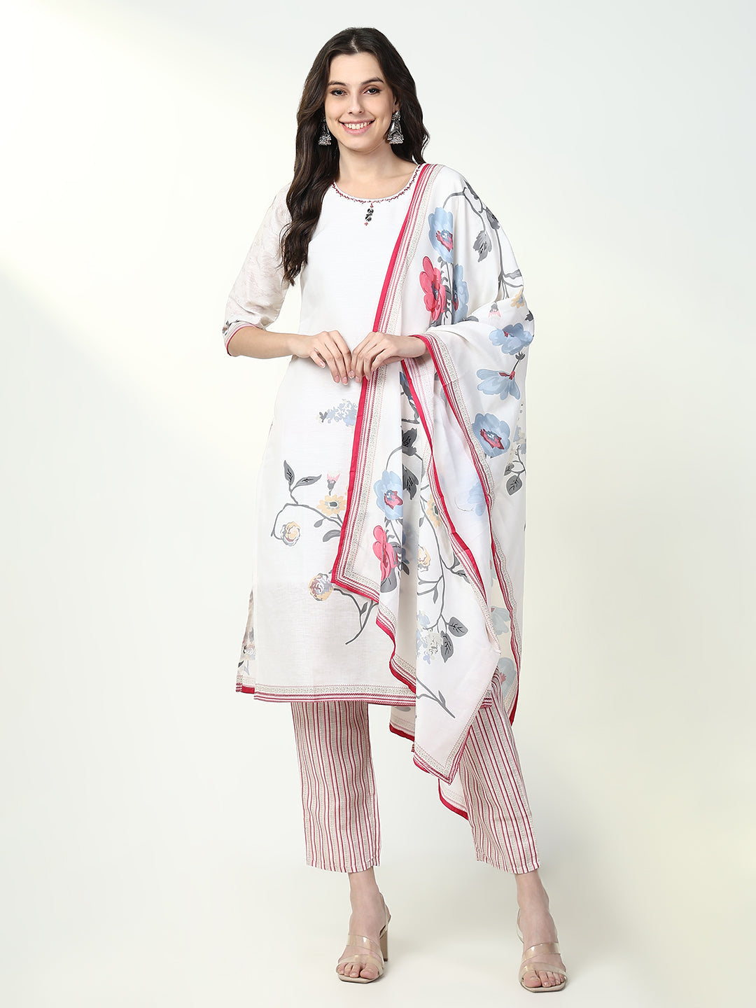 Women Floral Off White Straight Kurta Set with Dupatta