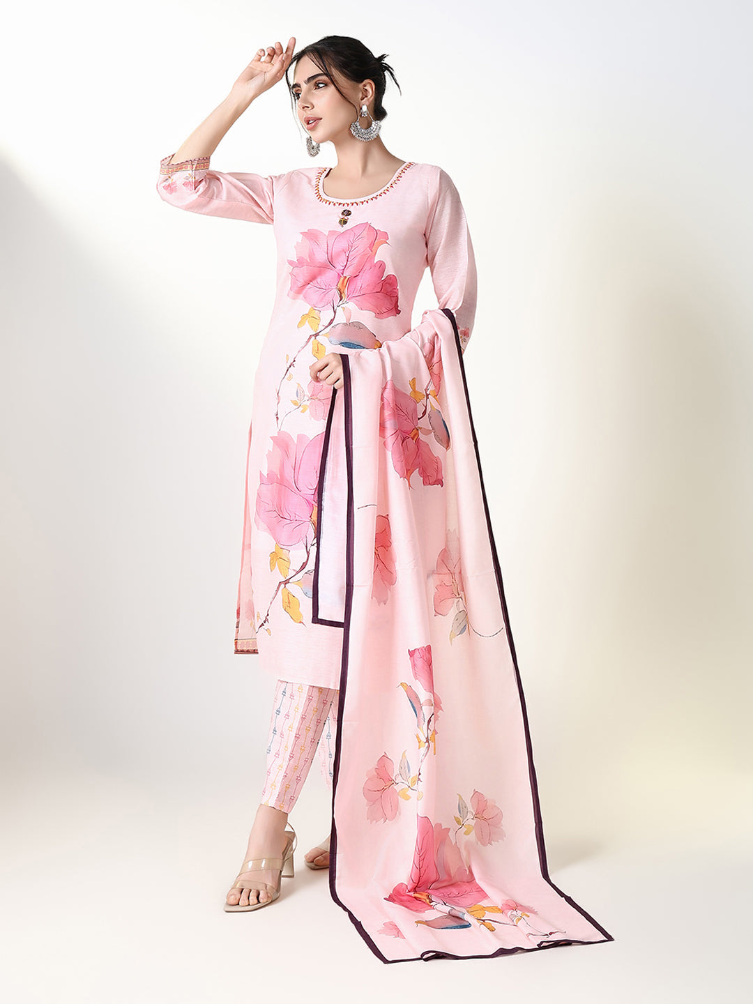 Women Floral Pink Straight Kurta Set with Dupatta