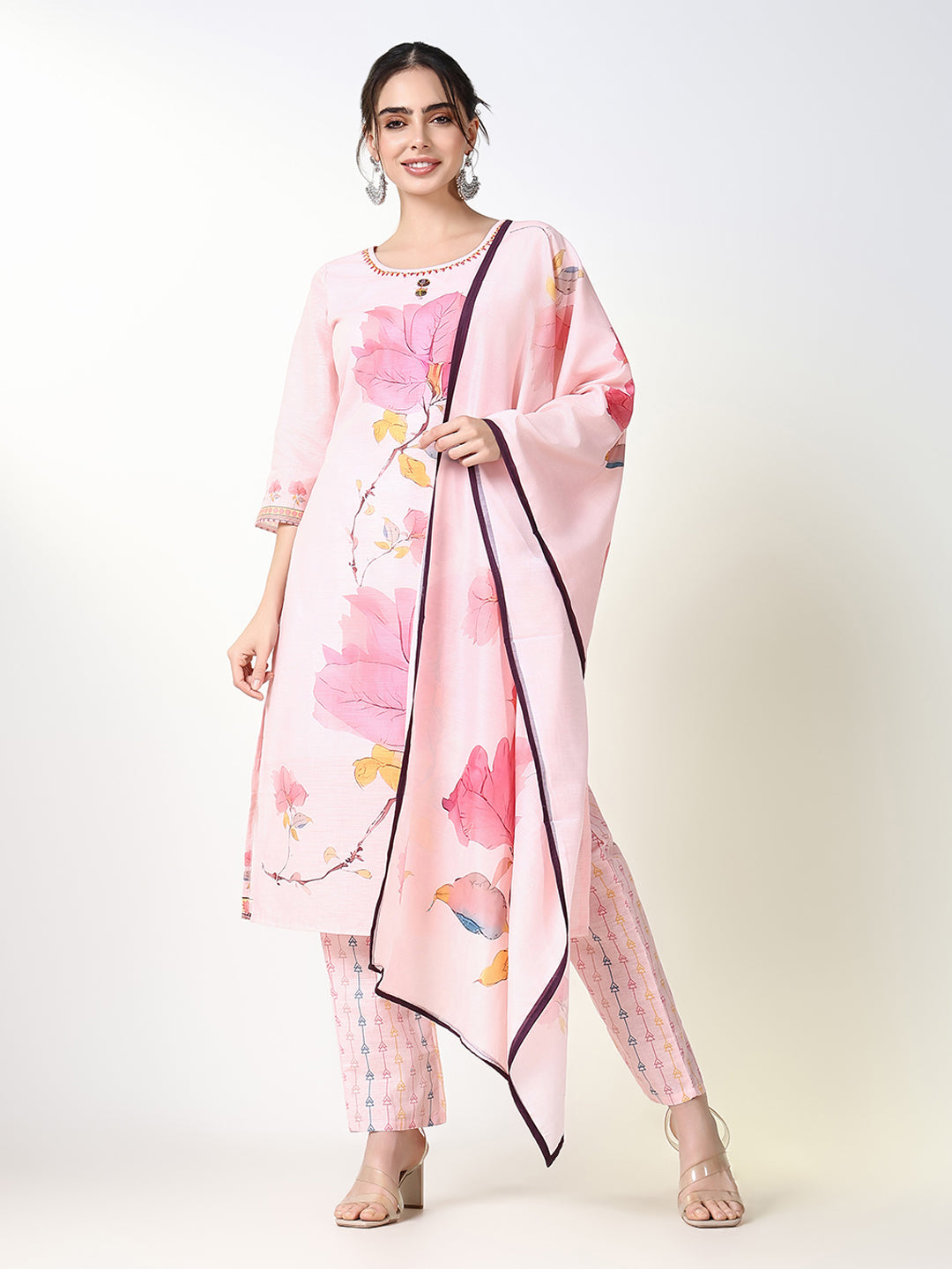 Women Floral Pink Straight Kurta Set with Dupatta