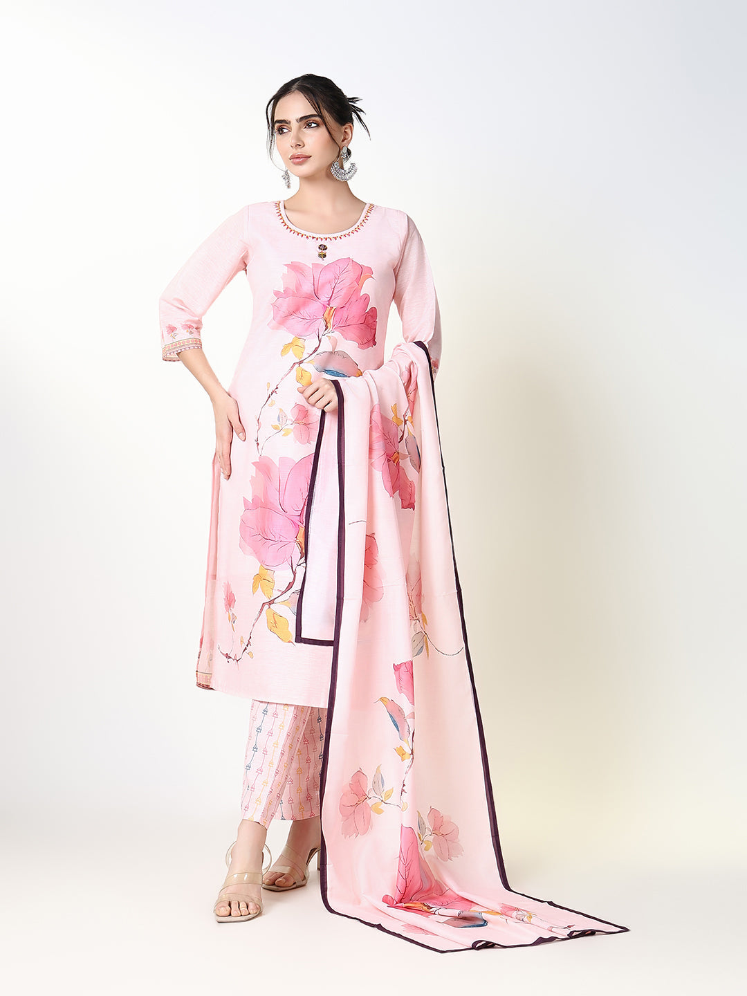 Women Floral Pink Straight Kurta Set with Dupatta