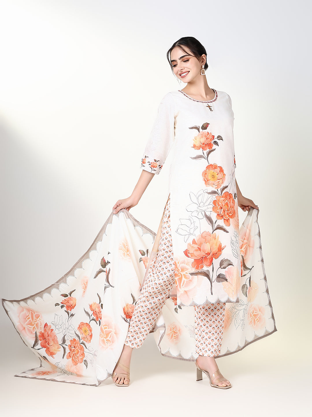 Women Floral Off White Straight Kurta Set with Dupatta