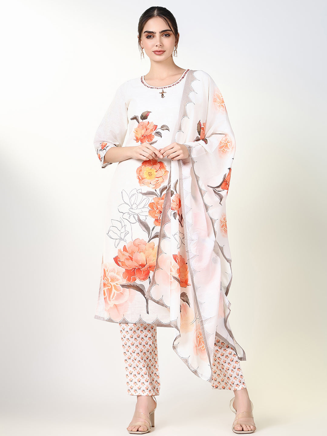 Women Floral Off White Straight Kurta Set with Dupatta