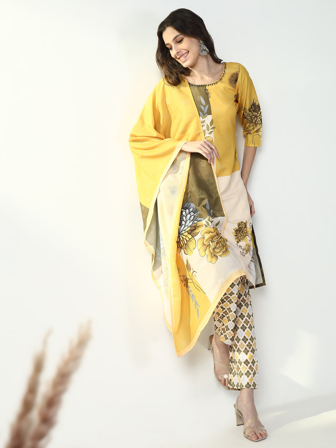 Women Floral Yellow Straight Kurta Set with Dupatta