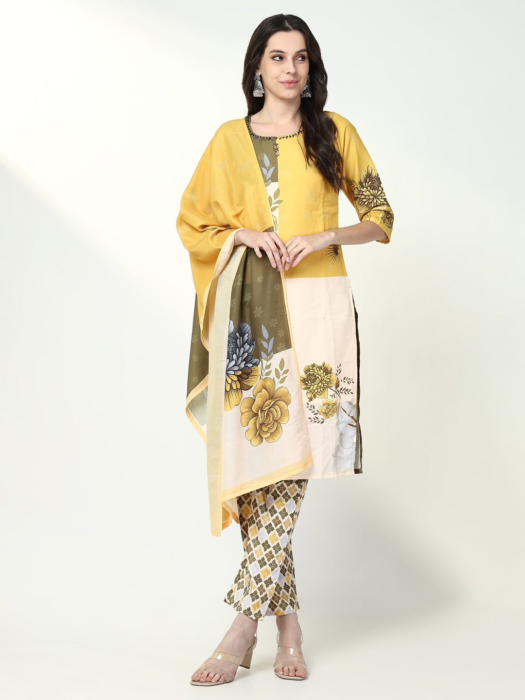 Women Floral Yellow Straight Kurta Set with Dupatta