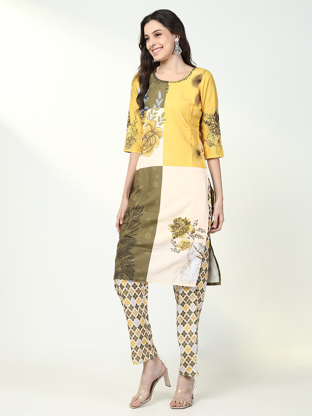 Women Floral Yellow Straight Kurta Set with Dupatta