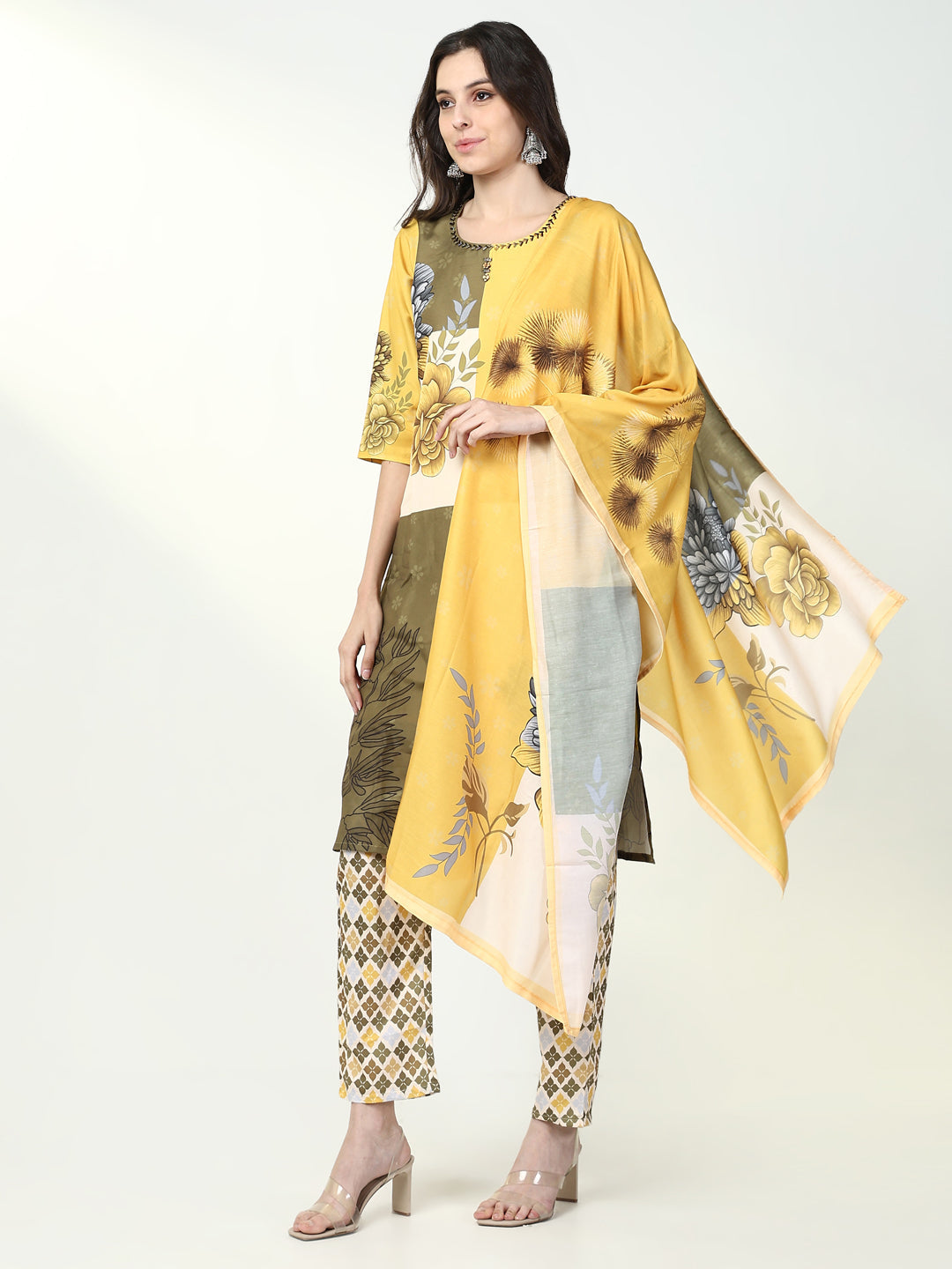 Women Floral Yellow Straight Kurta Set with Dupatta